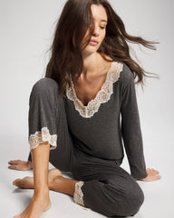 Lace Trim Long Sleeve Pajama Top - CHARCOAL HEATHER W/ SHINE | Soma Women
