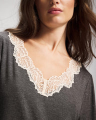 Lace Trim Long Sleeve Pajama Top - CHARCOAL HEATHER W/ SHINE | Soma Women