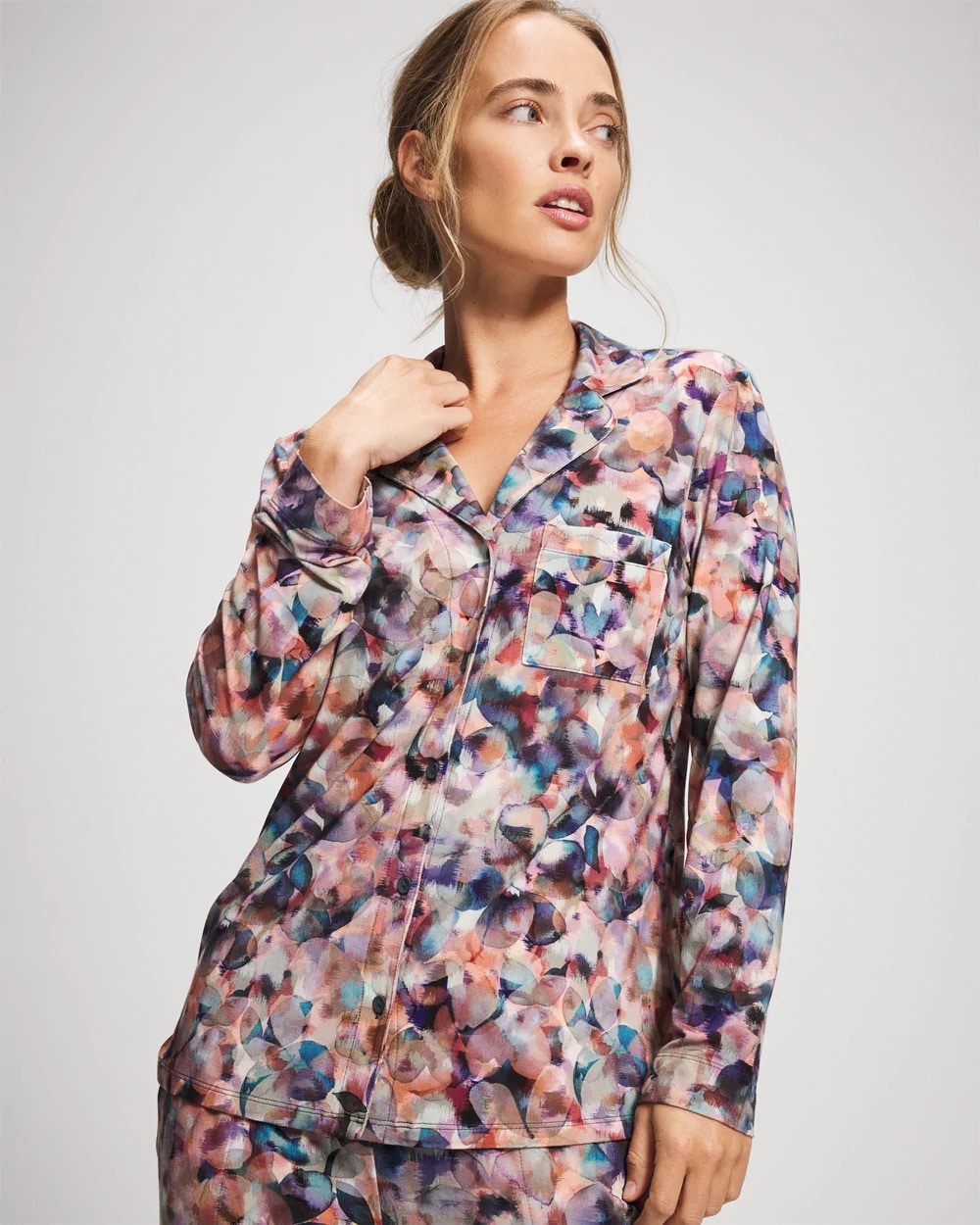 Long-Sleeve Notch Collar Pajama Top - PETAL MOSAIC PETROL | Soma Women