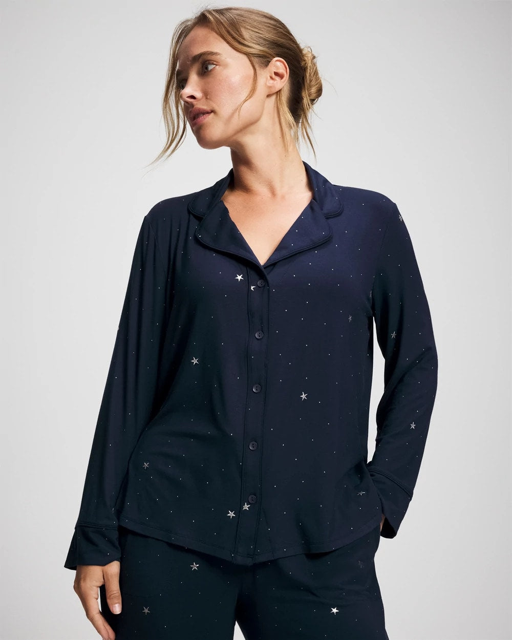 Cool Nights Long Sleeve Notch Collar with Piped Placket Pajama Top - SILVER DEW DROP/NAVY | Soma Women