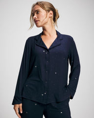 Cool Nights Long Sleeve Notch Collar with Piped Placket Pajama Top - SILVER DEW DROP/NAVY | Soma Women
