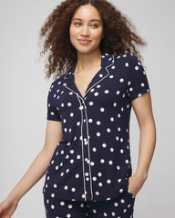 Piped Short Sleeve Notch Collar Pajama Top - MERRY DOT G NAVY/IVORY | Soma Women