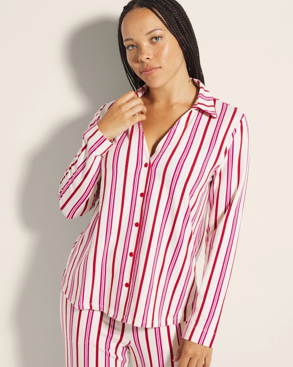 Long-Sleeve Notch Collar Pajama Top - SMART STRIPE CHAMPAGNE | Soma Women
