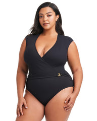 Pique Ole Cap Sleeve Surplice One Piece - BLACK | Soma Women