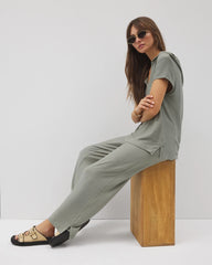 Crinkle Knit Short Sleeve V-Neck Hoodie - RESTORATION GREEN | Soma Women