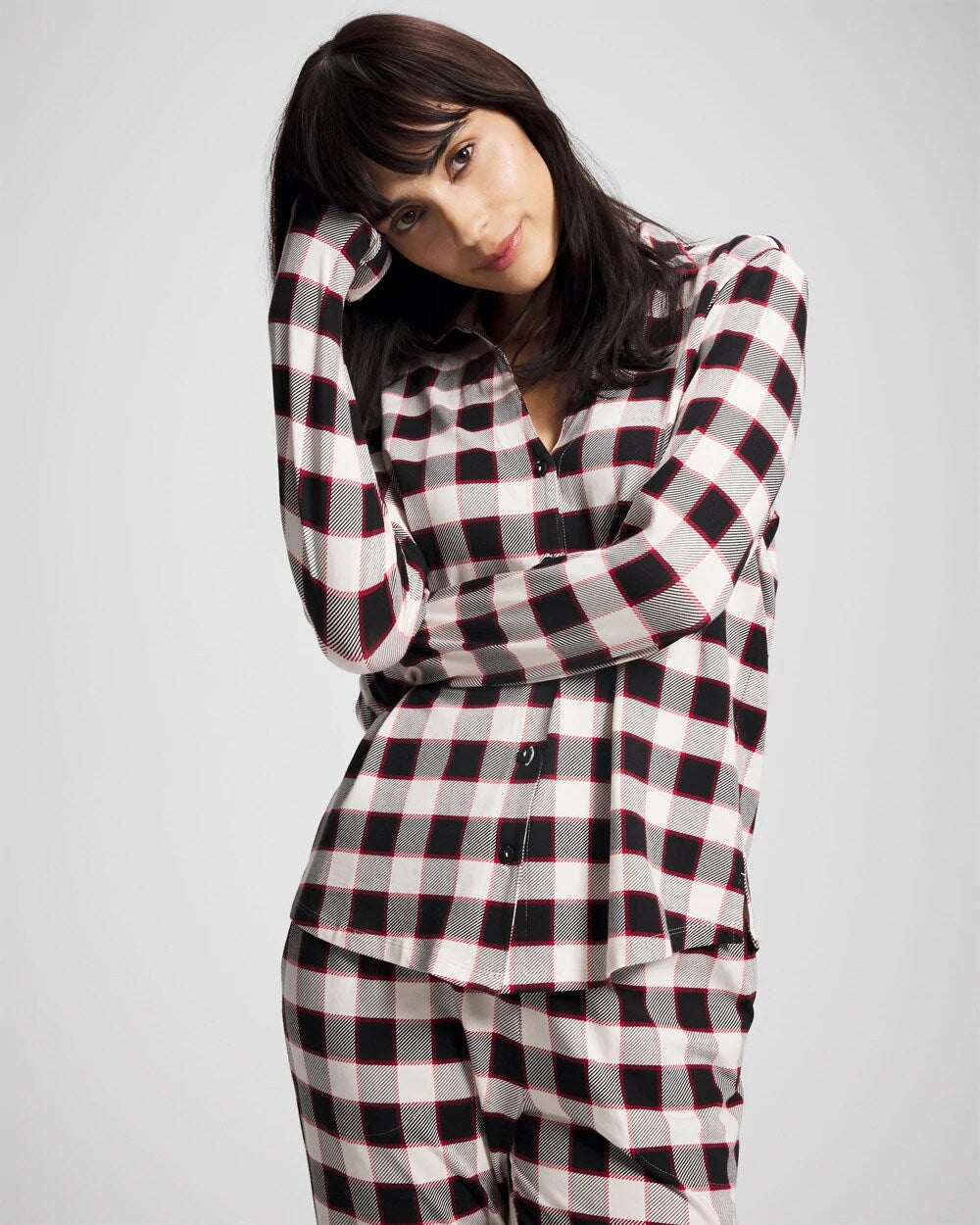 Long-Sleeve Notch Collar Pajama Top - DREAMSCAPE PLAID BLACK | Soma Women