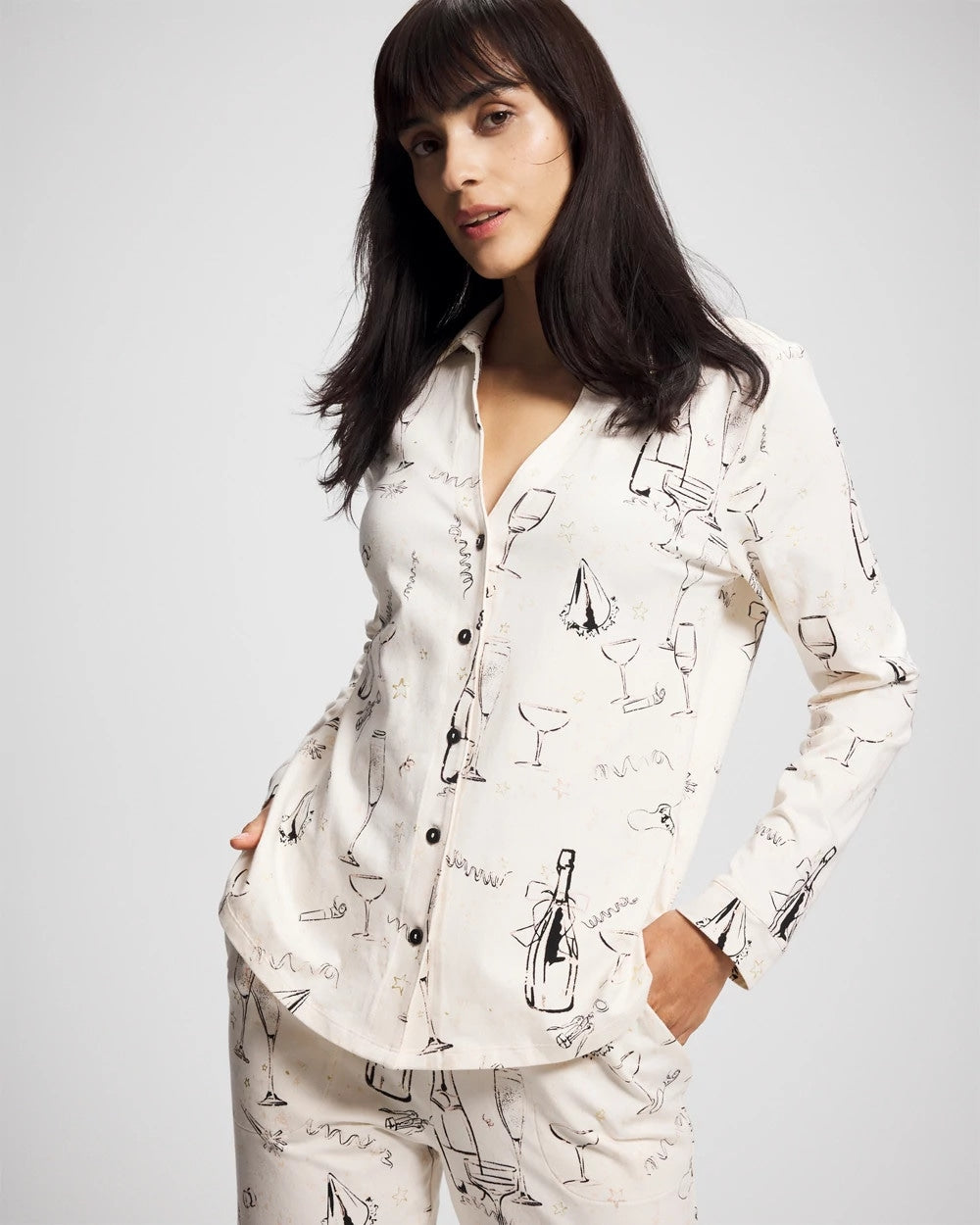 Long-Sleeve Notch Collar Pajama Top - FIZZ THE SEASON FOIL | Soma Women