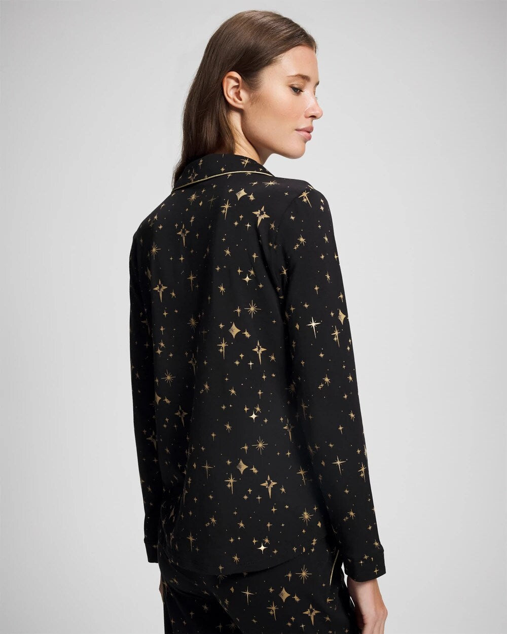 Long-Sleeve Notch Collar Pajama Top - STELLAR SCENE BLACK/FOIL | Soma Women