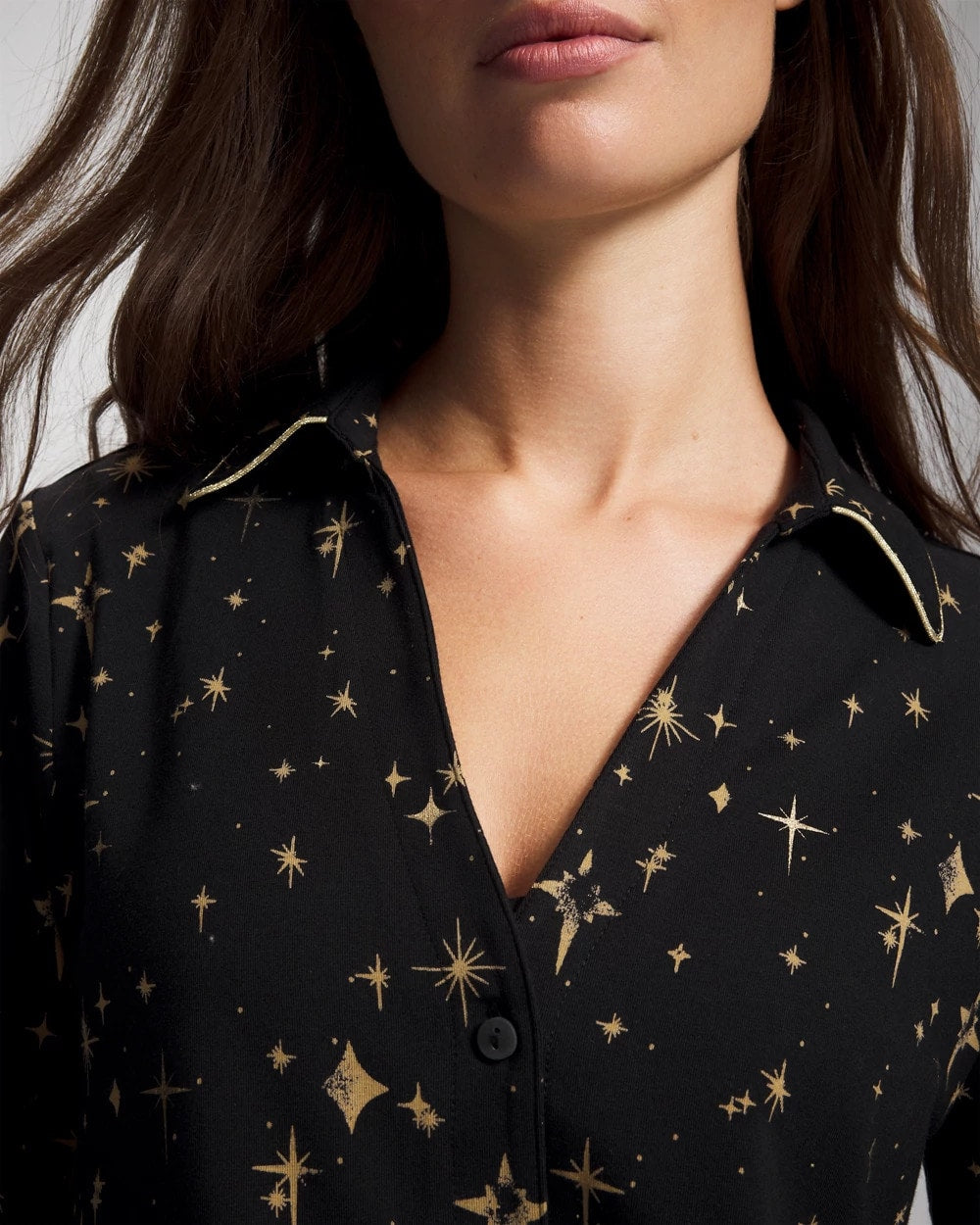 Long-Sleeve Notch Collar Pajama Top - STELLAR SCENE BLACK/FOIL | Soma Women