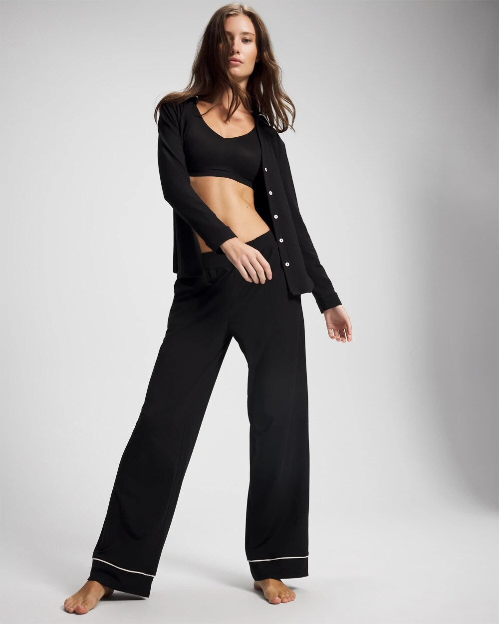 Long-Sleeve Notch Collar Pajama Top - BLACK | Soma Women