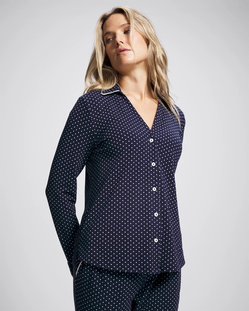 Long-Sleeve Notch Collar Pajama Top - METRO DOT NAVY | Soma Women