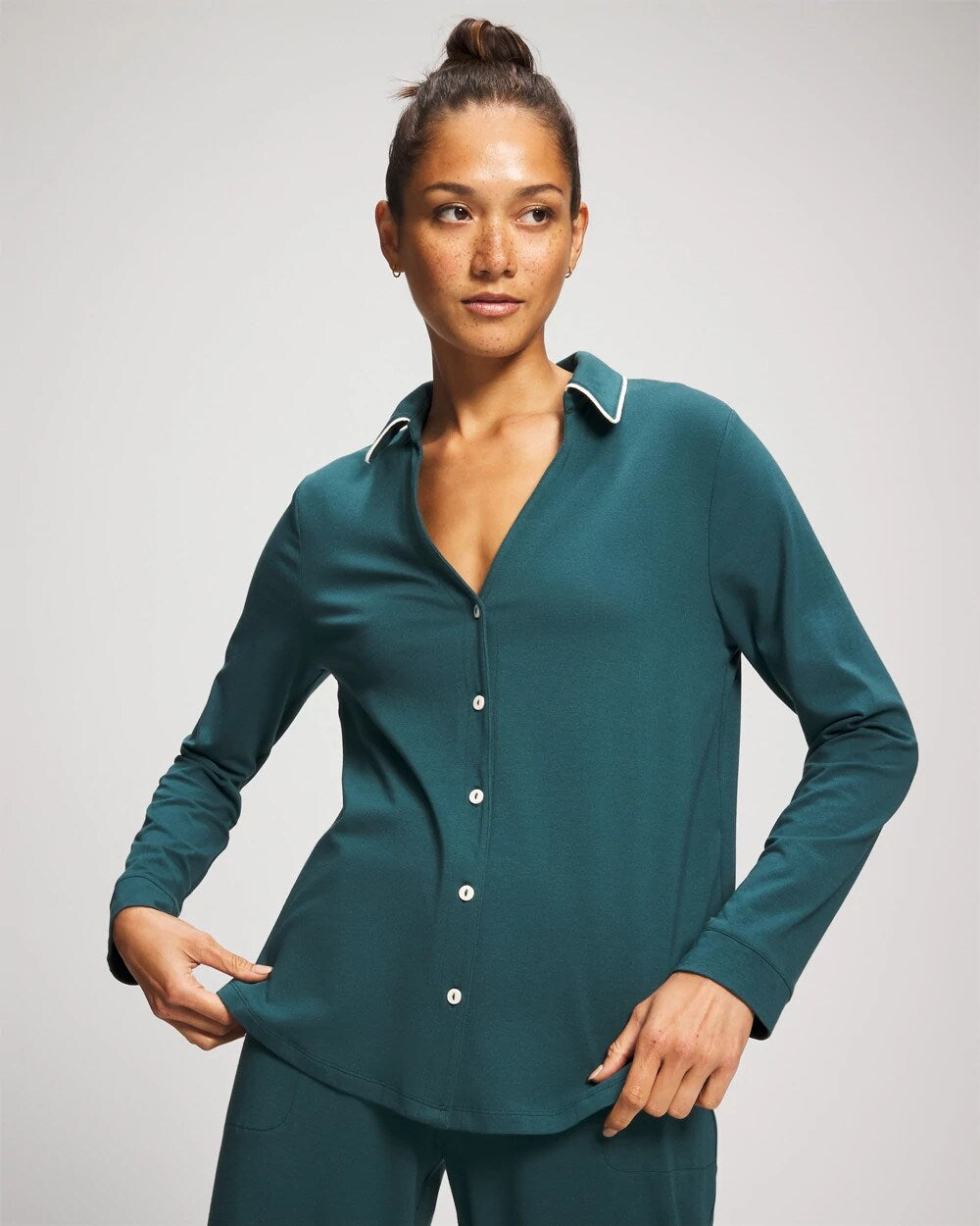 Long-Sleeve Notch Collar Pajama Top - DEEP TEAL | Soma Women
