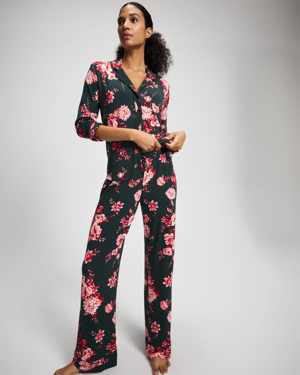 Cool Nights Long Sleeve Notch Collar with Piped Placket Pajama Top - COTTAGE FLORAL GREEN | Soma Women