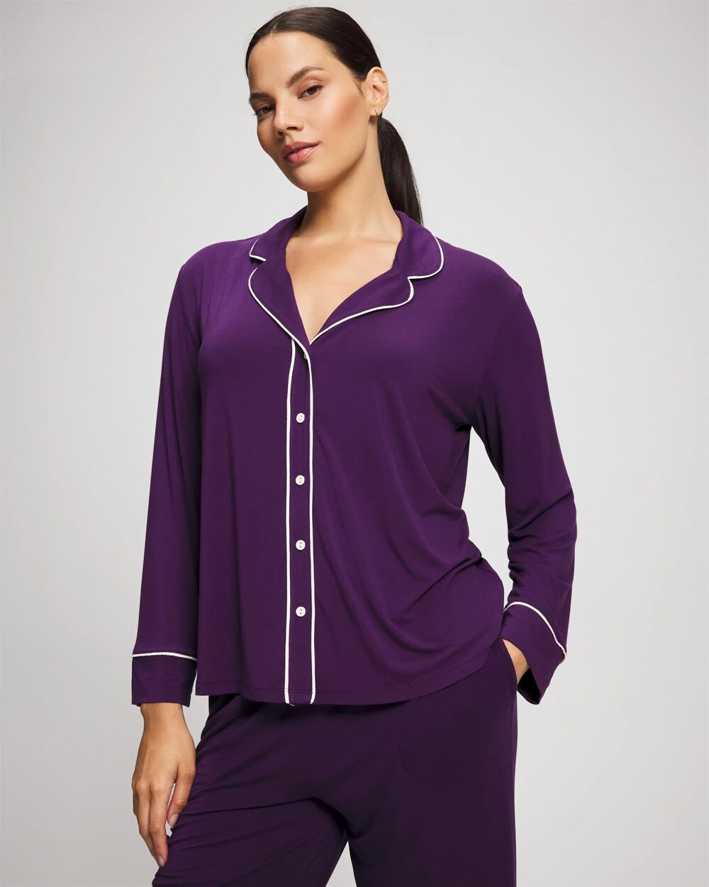 Long Sleeve Notch Collar w/ Piped Placket Pajama Top - BLACKBERRY | Soma Women