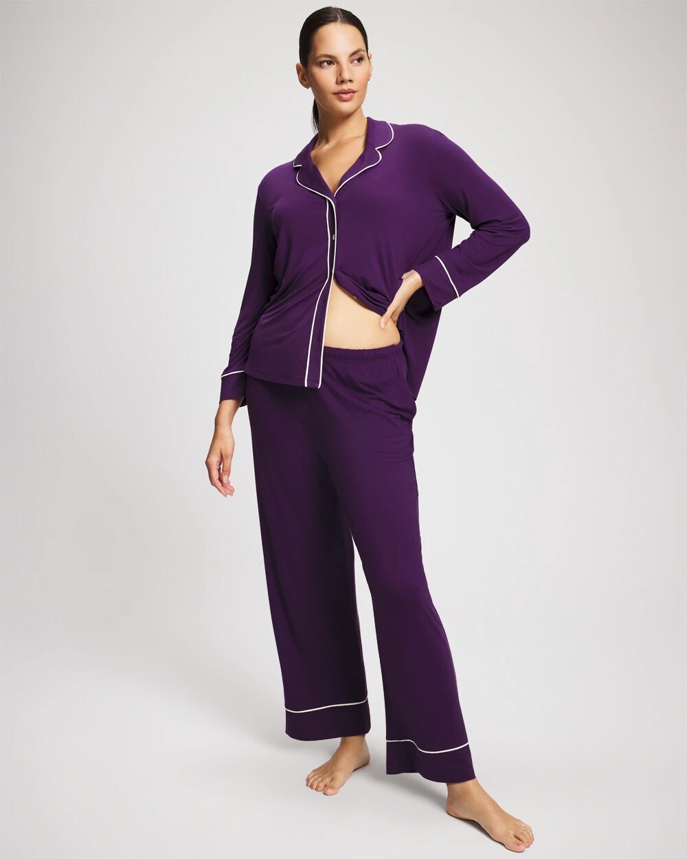 Long Sleeve Notch Collar w/ Piped Placket Pajama Top - BLACKBERRY | Soma Women