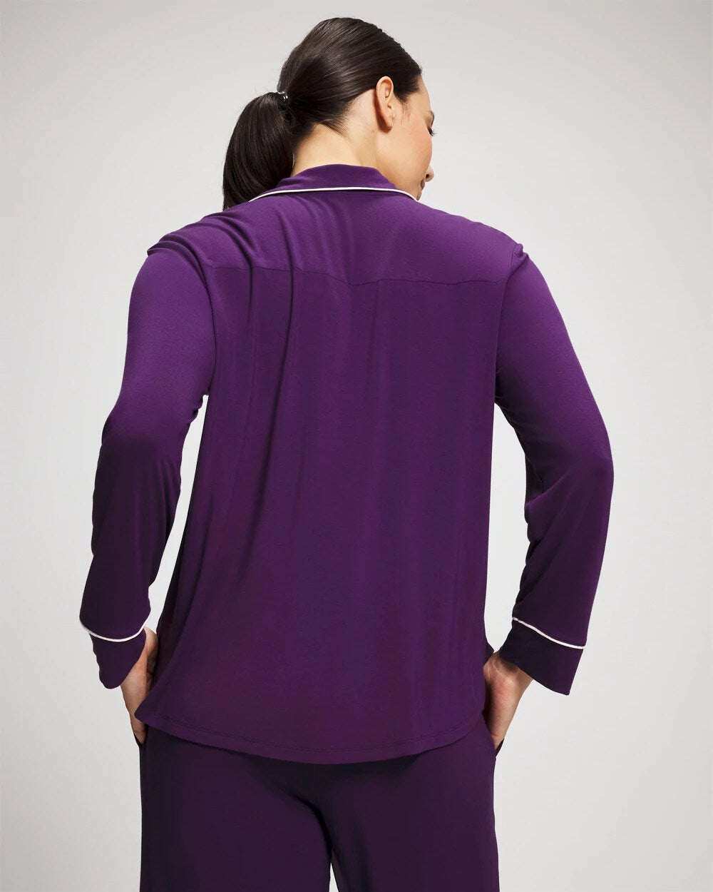 Long Sleeve Notch Collar w/ Piped Placket Pajama Top - BLACKBERRY | Soma Women