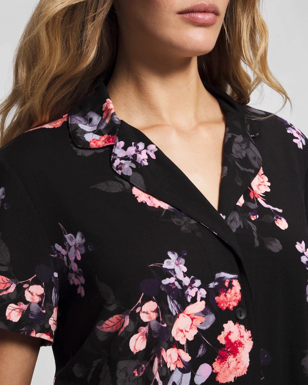 Short Sleeve Notch Collar Pajama Top - FLORAL DREAMS BLACK | Soma Women