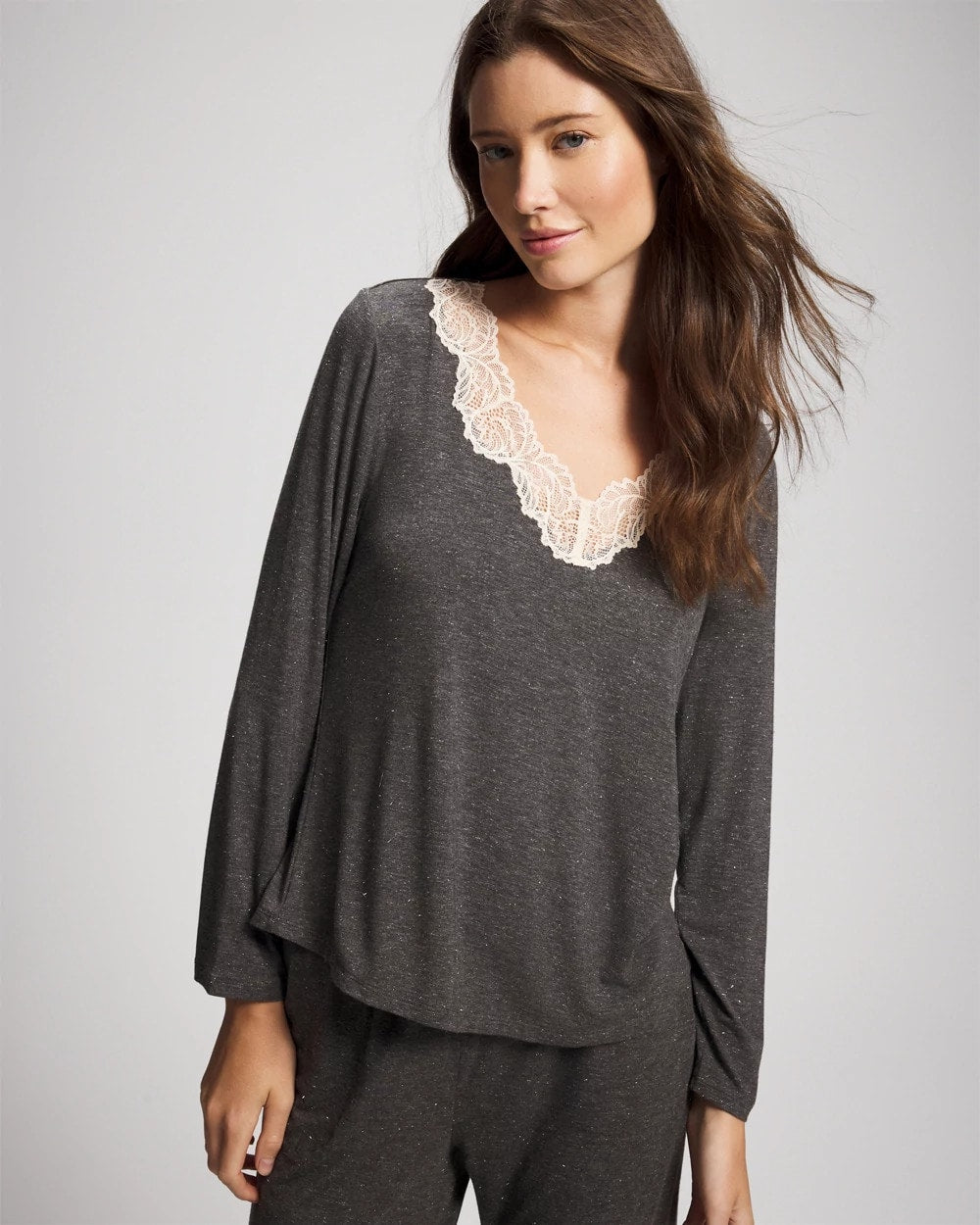 Lace Trim Long Sleeve Pajama Top - CHARCOAL HEATHER W/ SHINE | Soma Women