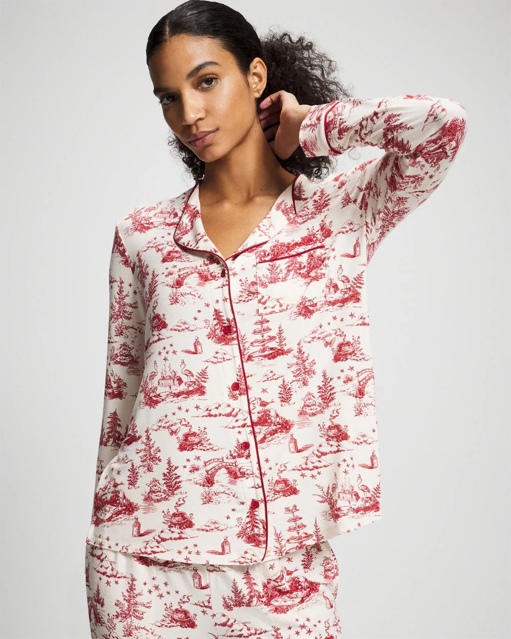 Piped Long-Sleeve Notch Pajama Top - ENCHANTED TOILE CHAMPAGNE | Soma Women