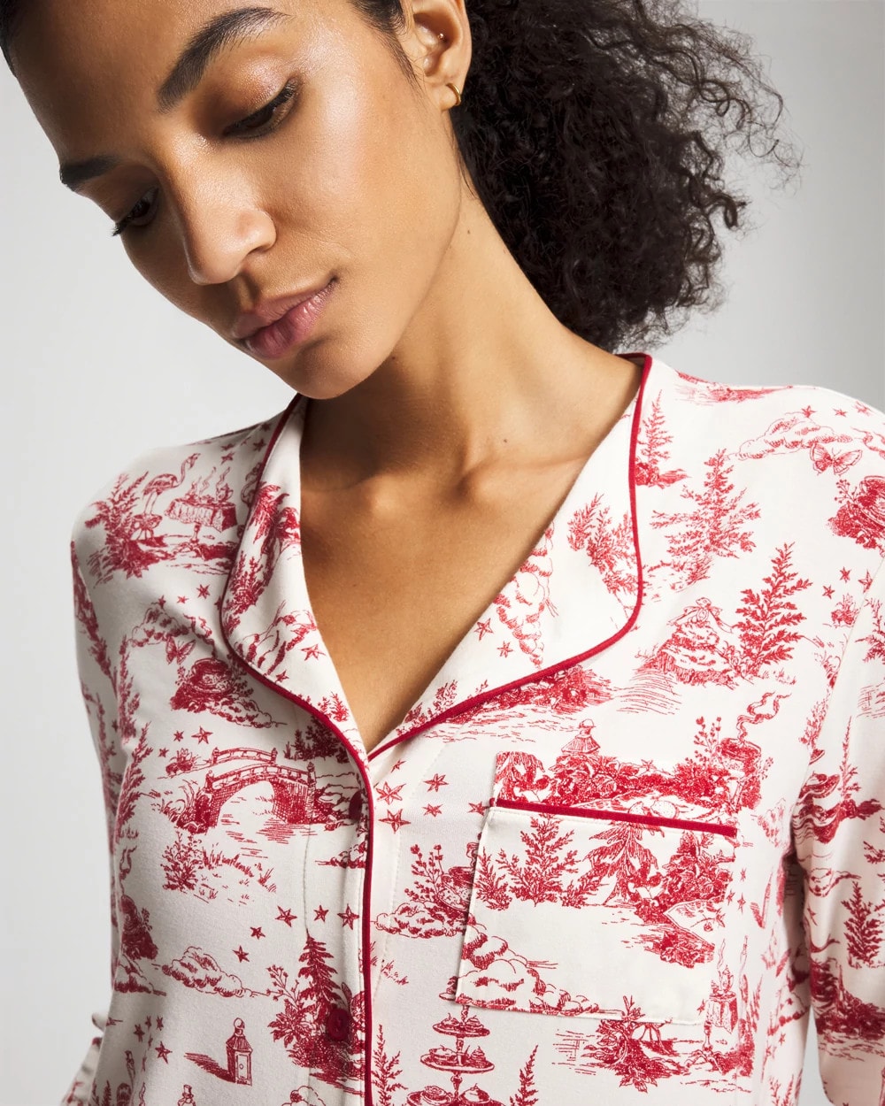 Piped Long-Sleeve Notch Pajama Top - ENCHANTED TOILE CHAMPAGNE | Soma Women