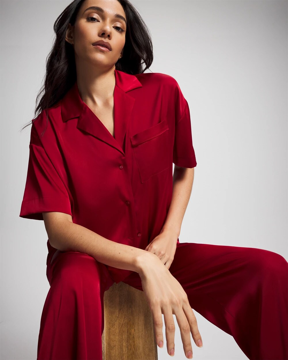 Short Sleeve Notch Collar Pajama Top - PAINT THE TOWN RED | Soma Women