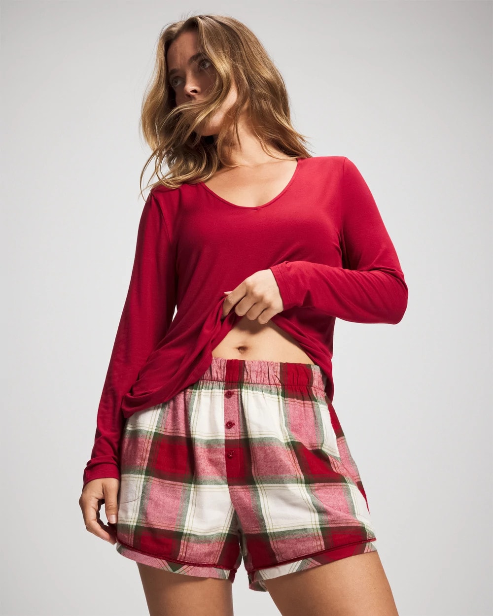 Velvet Piped Boxer Pajama Short - WINTER PLAID RED | Soma Women