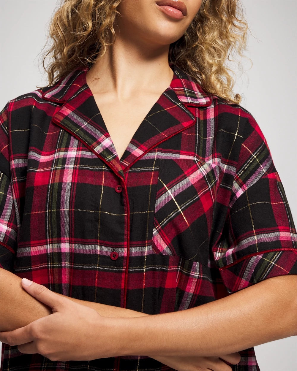 Short Sleeve Notch Collar Pajama Top - MAD FOR PLAID BLACK | Soma Women