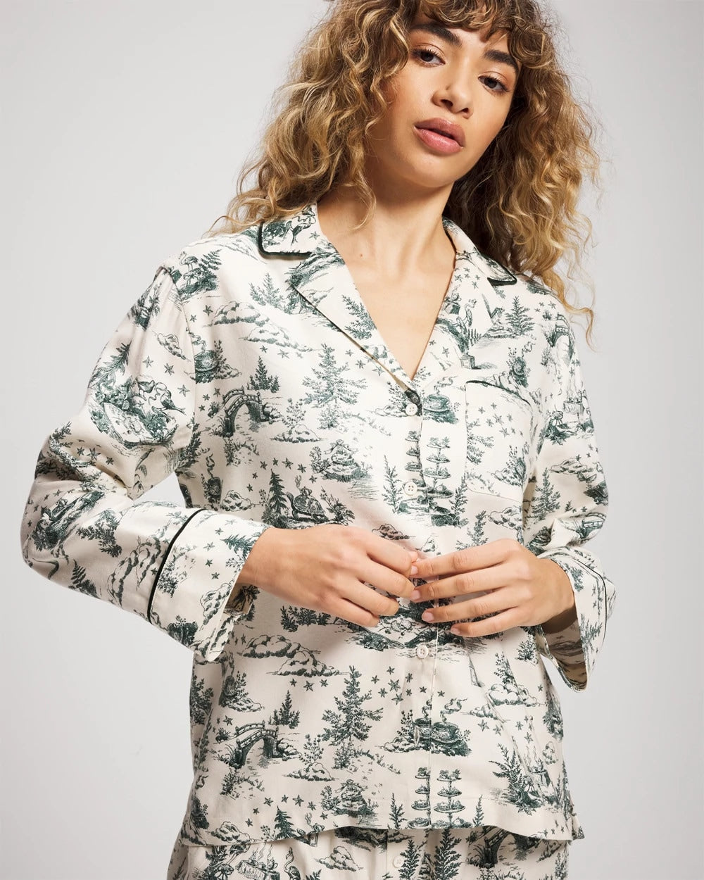 Long-Sleeve Notch Collar Pajama Top - ENCHANTED TOILE GREEN | Soma Women