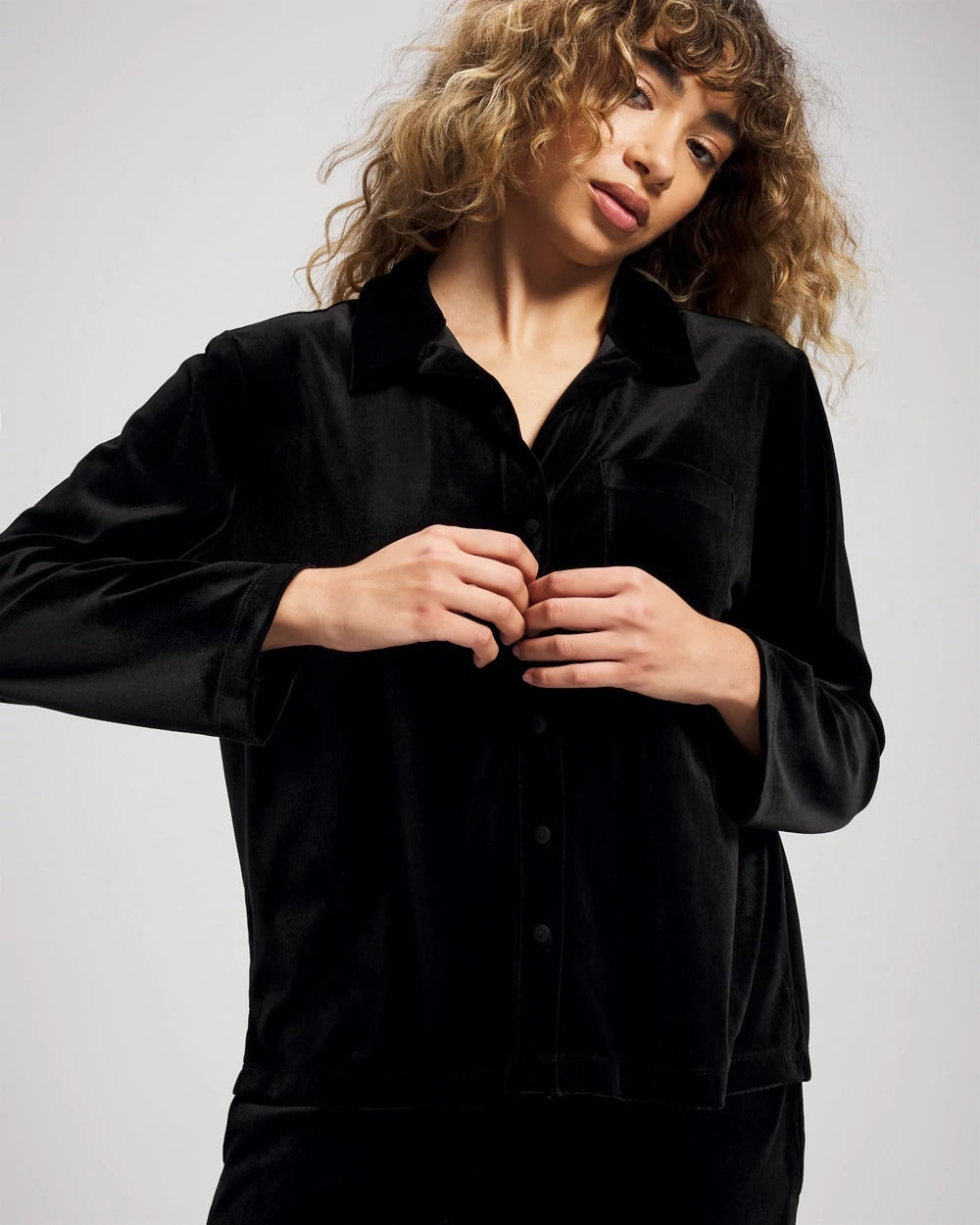 Velvet Long Sleeve Notch Collar Pajama Top - BLACK | Soma Women