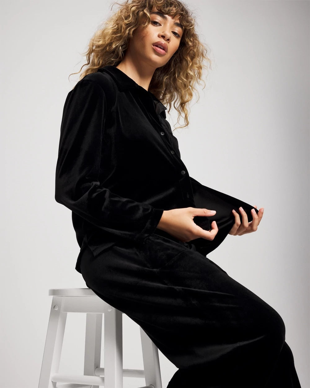 Velvet Long Sleeve Notch Collar Pajama Top - BLACK | Soma Women