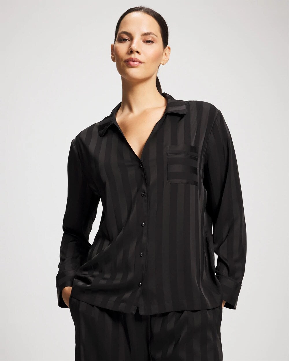 Shadow Stripe Long Sleeve Pajama Notch Collar Top - BLACK | Soma Women