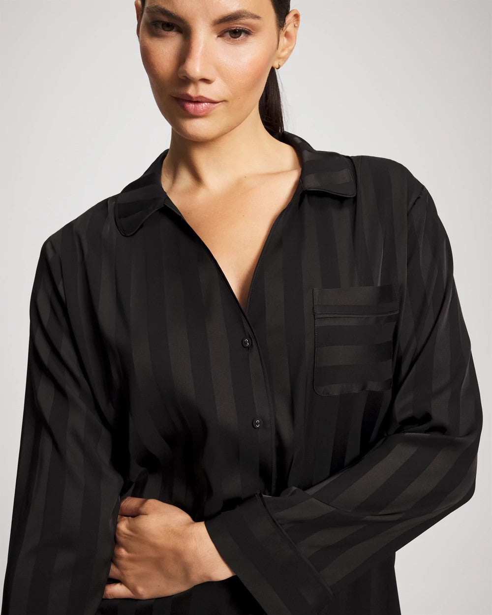 Shadow Stripe Long Sleeve Pajama Notch Collar Top - BLACK | Soma Women