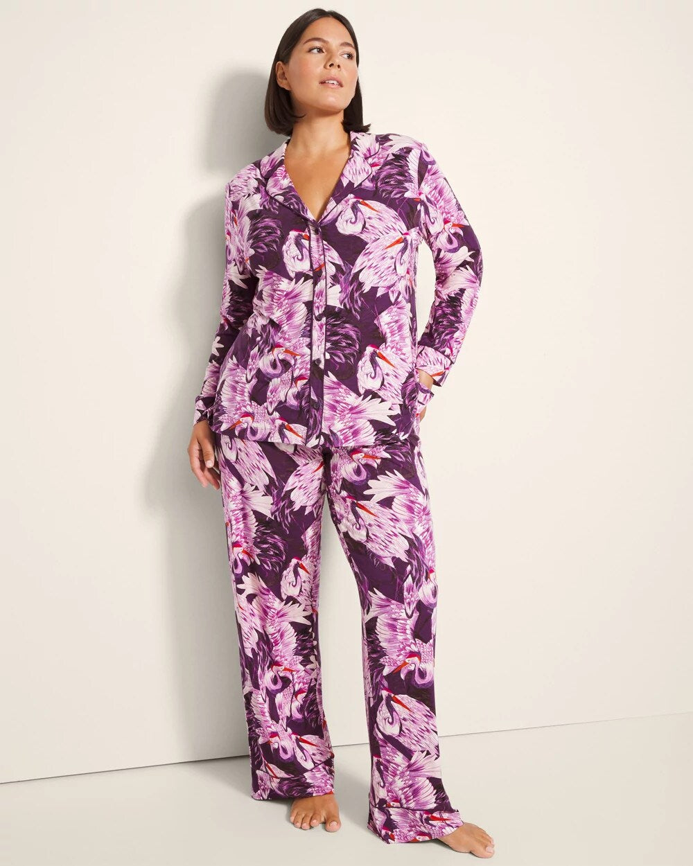 Long-Sleeve Printed Notch Collar Pajama Top - COURTING CRANES BLKBRY | Soma Women