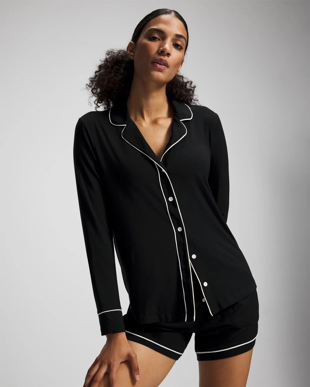 Long-Sleeve Notch Collar Pajama Top - BLACK | Soma Women