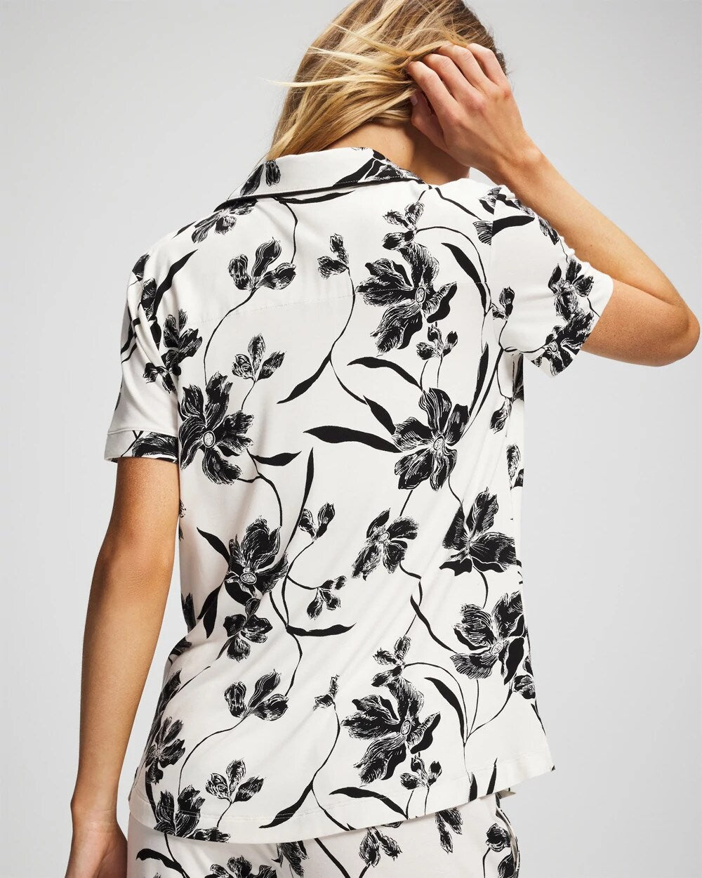 Piped Short Sleeve Notch Collar Pajama Top - REFLECTION BLOOMS CHAMP | Soma Women