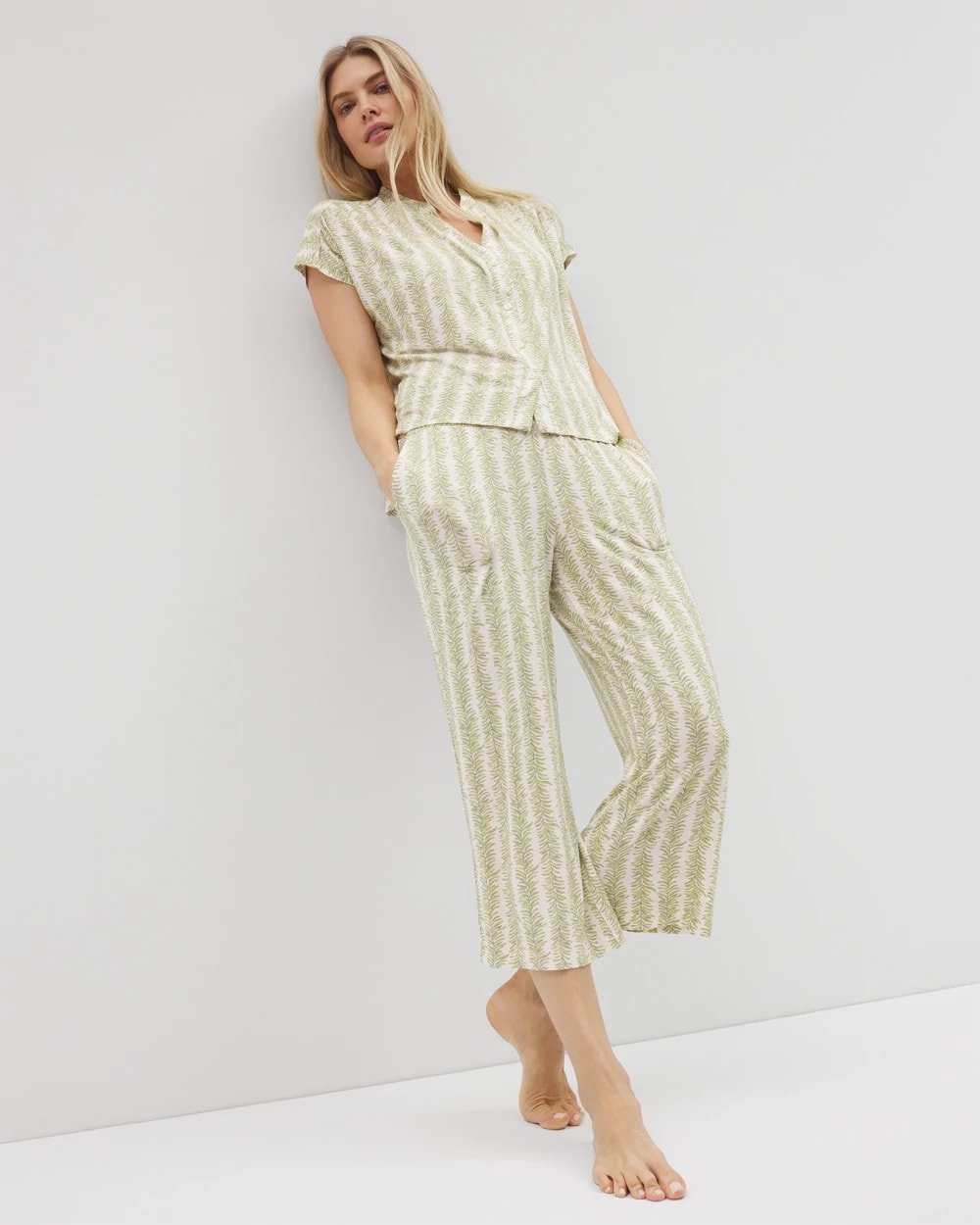 Mandarin Collar Short Sleeve Pajama Top - CHILL STRIPE CHAMPAGNE | Soma Women