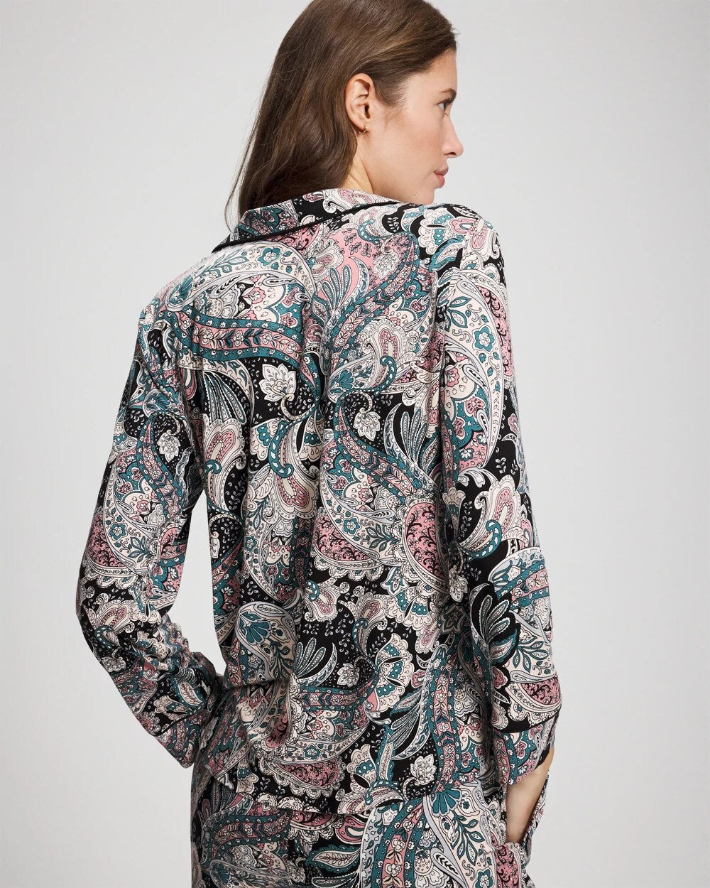 Cool Nights Long Sleeve Notch Collar with Piped Placket Pajama Top - REGAL PAISLEY BLACK | Soma Women