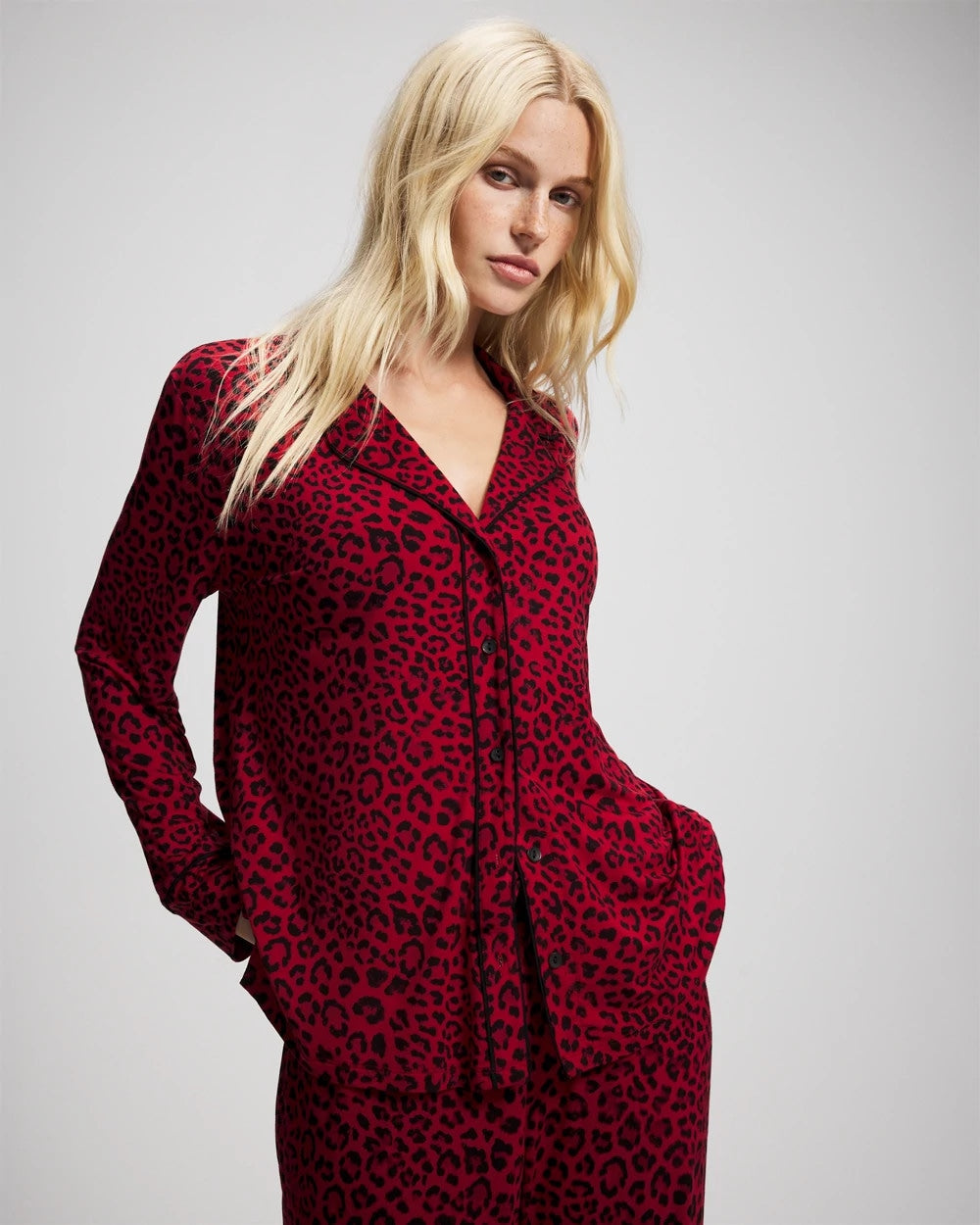 Cool Nights Long Sleeve Notch Collar with Piped Placket Pajama Top - FELINE PAINT THE TOWN RED | Soma Women