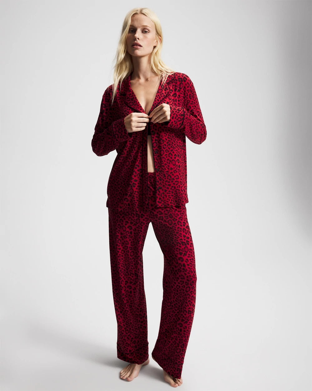 Cool Nights Long Sleeve Notch Collar with Piped Placket Pajama Top - FELINE PAINT THE TOWN RED | Soma Women