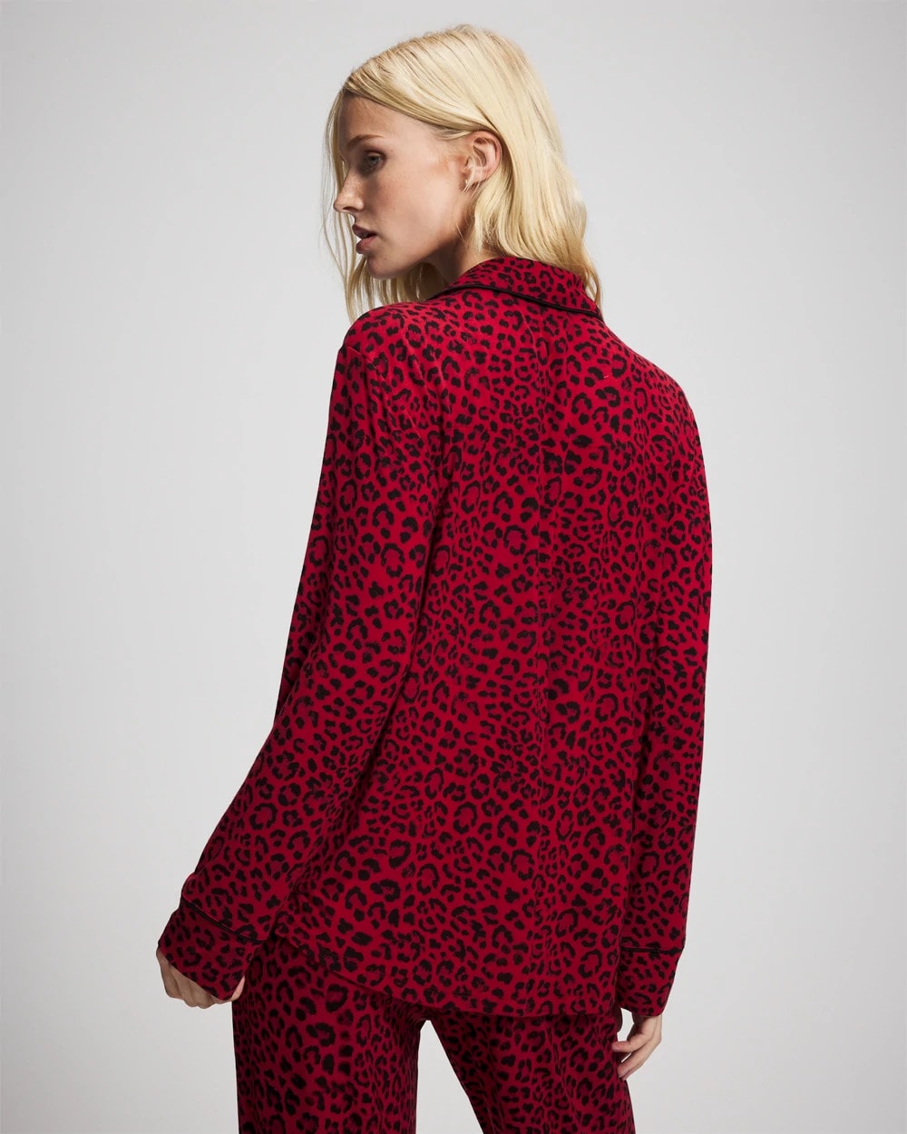 Cool Nights Long Sleeve Notch Collar with Piped Placket Pajama Top - FELINE PAINT THE TOWN RED | Soma Women