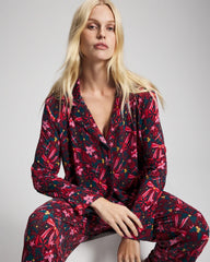 Cool Nights Long Sleeve Notch Collar with Piped Placket Pajama Top - HOLLY JOLLY RED VELVET | Soma Women