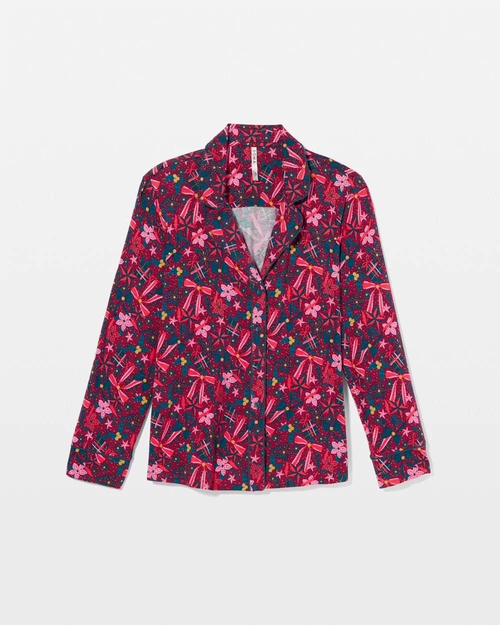 Cool Nights Long Sleeve Notch Collar with Piped Placket Pajama Top - HOLLY JOLLY RED VELVET | Soma Women