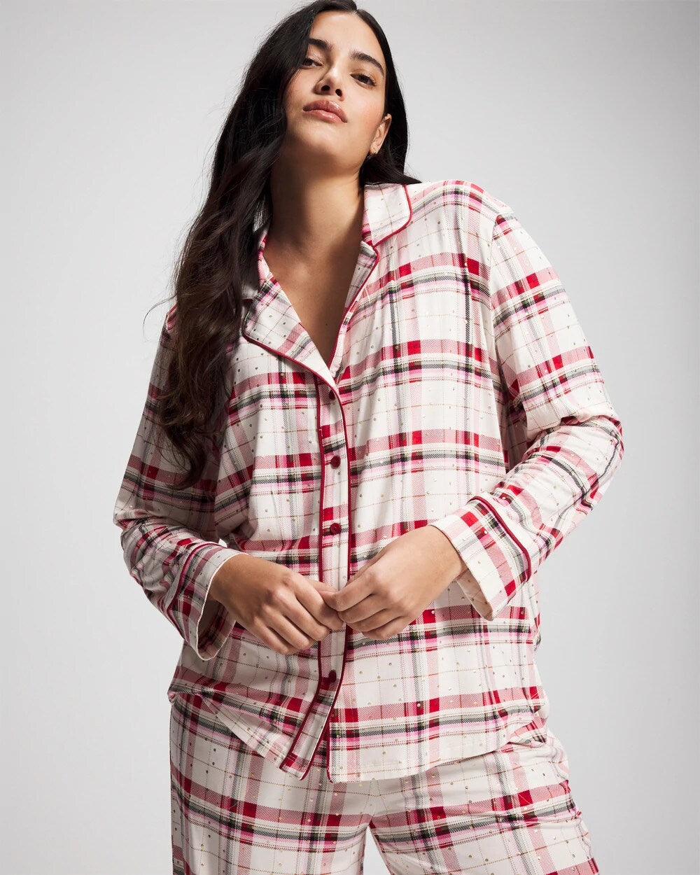 Cool Nights Long Sleeve Notch Collar with Piped Placket Pajama Top - TARTAN TEXTILE CHAMP | Soma Women