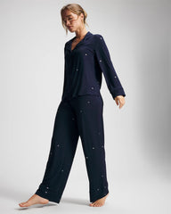 Cool Nights Long Sleeve Notch Collar with Piped Placket Pajama Top - SILVER DEW DROP/NAVY | Soma Women