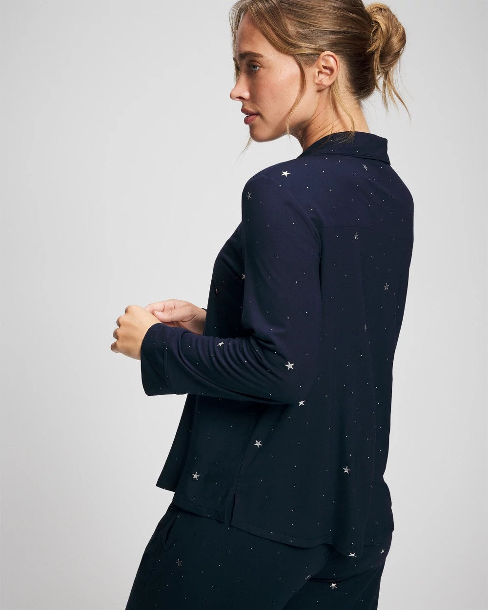 Cool Nights Long Sleeve Notch Collar with Piped Placket Pajama Top - SILVER DEW DROP/NAVY | Soma Women