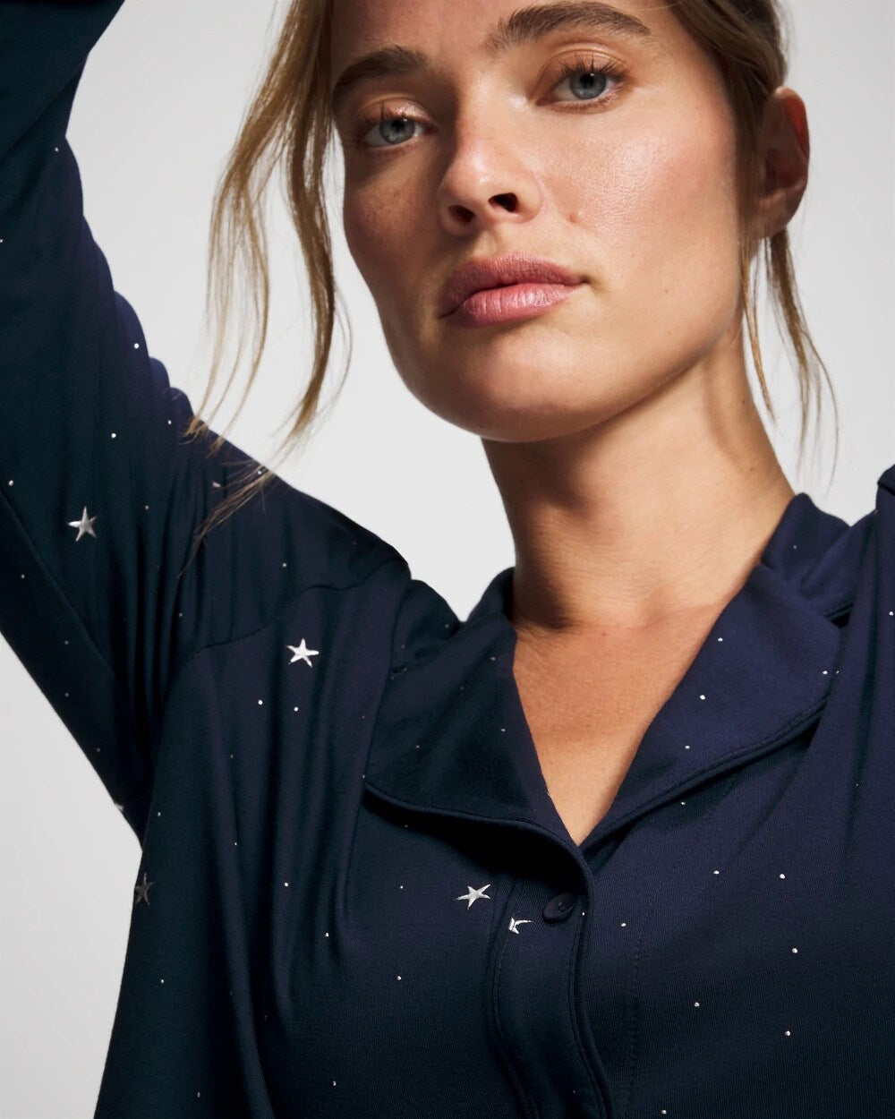 Cool Nights Long Sleeve Notch Collar with Piped Placket Pajama Top - SILVER DEW DROP/NAVY | Soma Women