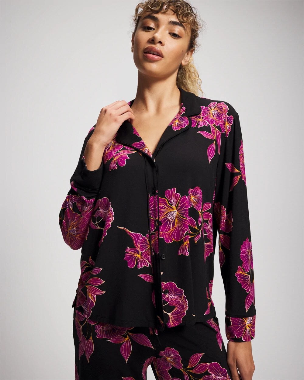 Cool Nights Long Sleeve Notch Collar with Piped Placket Pajama Top - GILDED BLOOMS MAGENTA | Soma Women