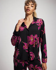 Cool Nights Long Sleeve Notch Collar with Piped Placket Pajama Top - GILDED BLOOMS MAGENTA | Soma Women