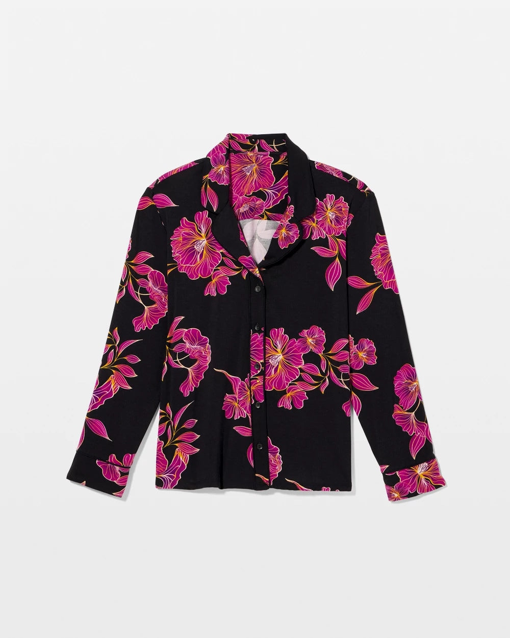 Cool Nights Long Sleeve Notch Collar with Piped Placket Pajama Top - GILDED BLOOMS MAGENTA | Soma Women