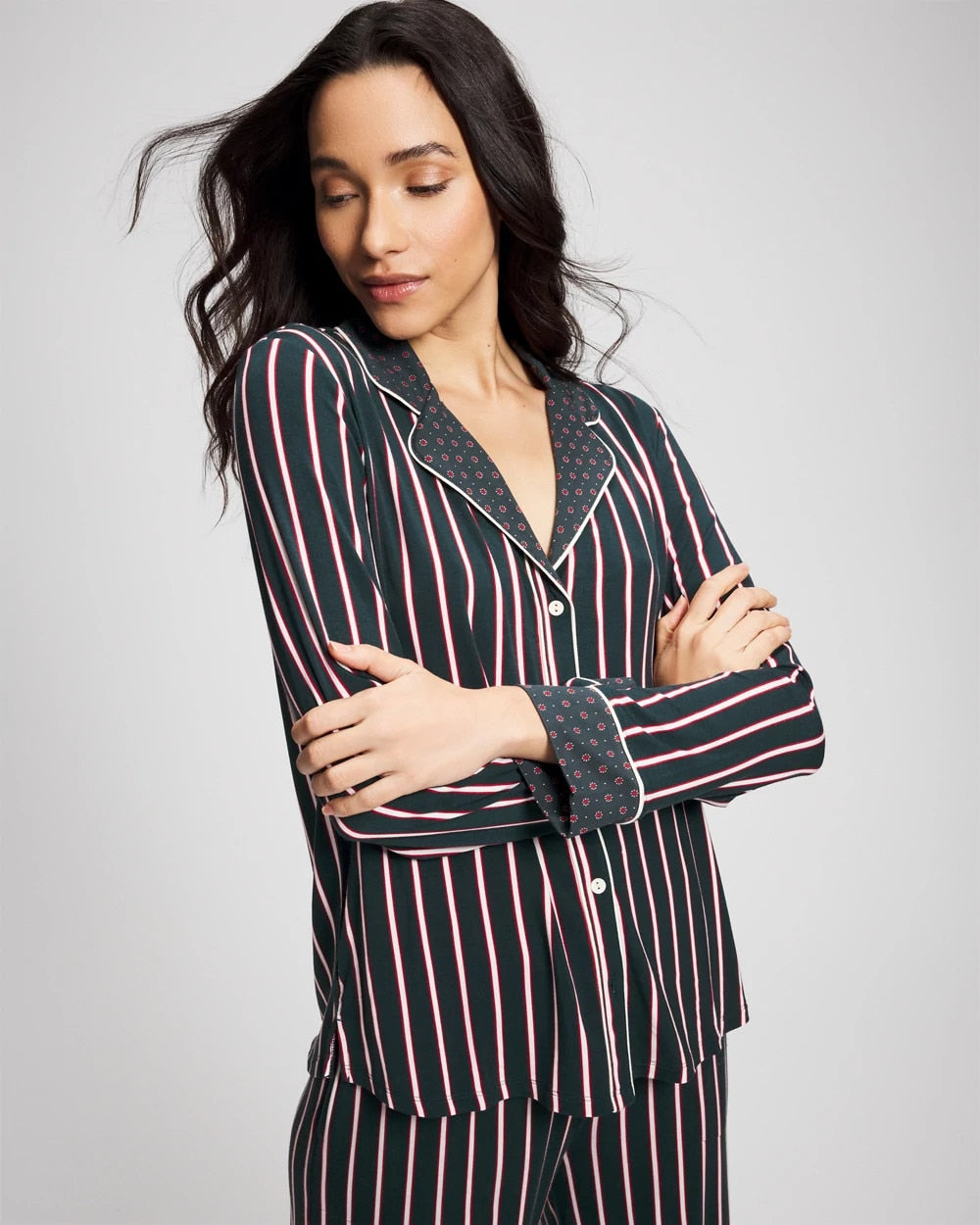 Cool Nights Long Sleeve Notch Collar with Piped Placket Pajama Top - MIDNIGHT STRIPE GREEN JOL | Soma Women